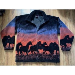 Vintage 90's Mazmania Horses Sunset Pattern Fleece Jacket Made in USA